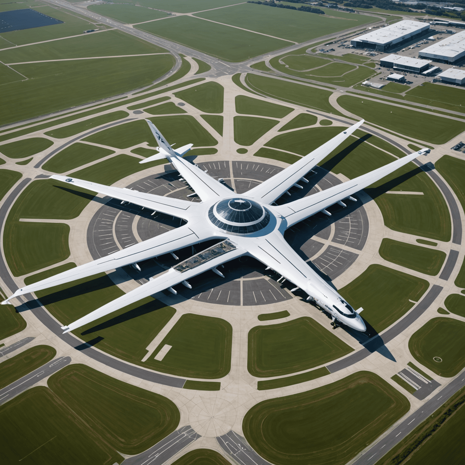 An aerial view of a modern aerodrome with new infrastructure and technology implementations, showcasing recent developments in runway design and terminal expansions.