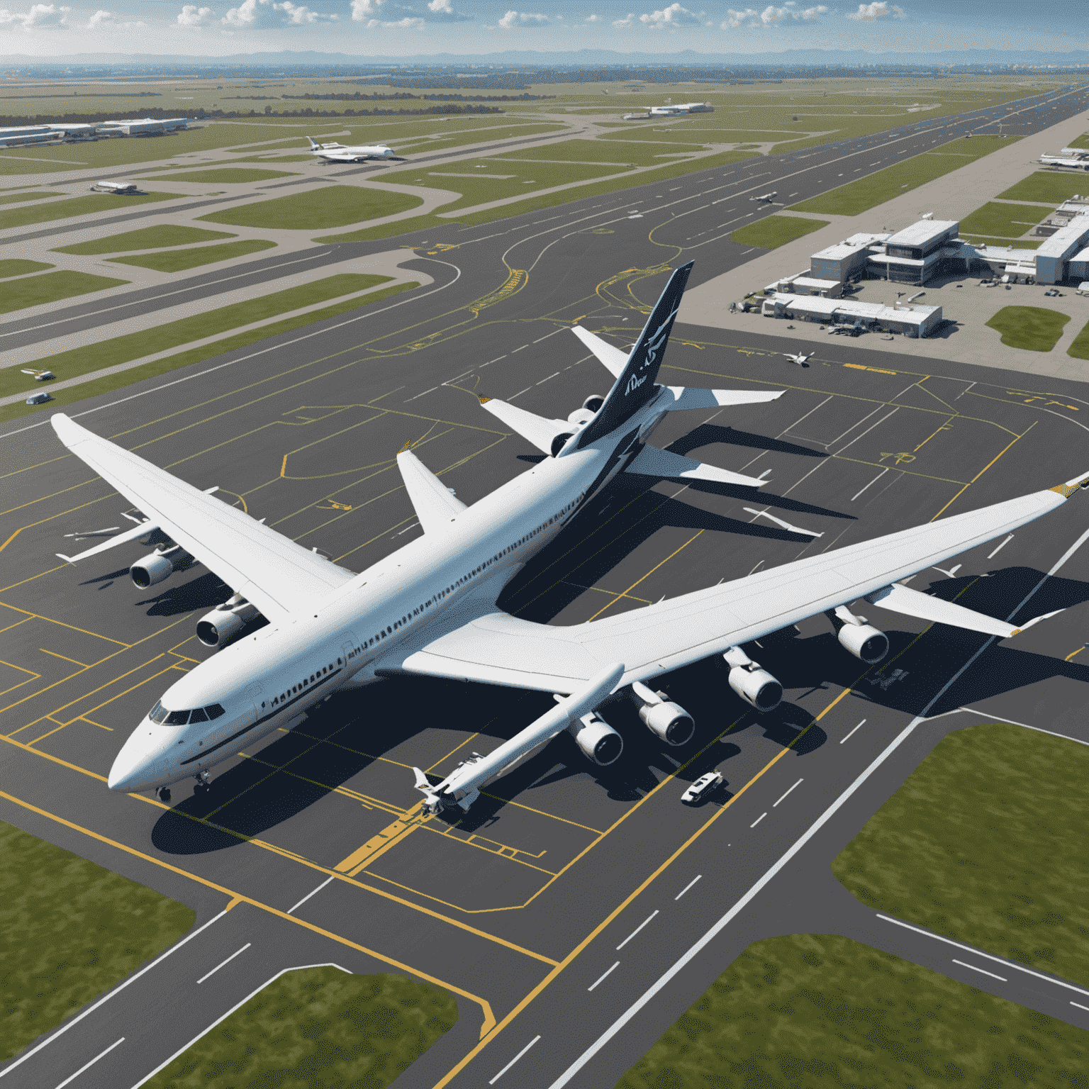 Modern aerodrome with advanced technology and infrastructure, showcasing new runways, terminals, and air traffic control systems