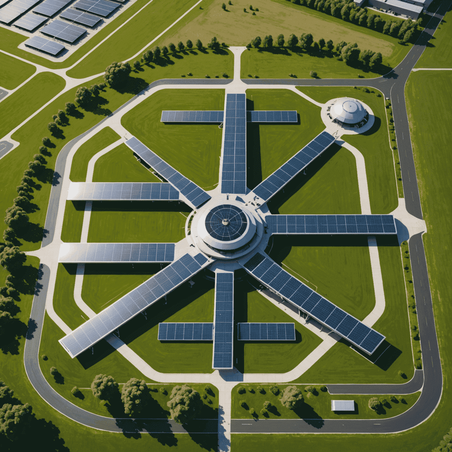 An aerial view of a modern aerodrome with solar panels on rooftops, electric ground vehicles, and green spaces integrated into the layout