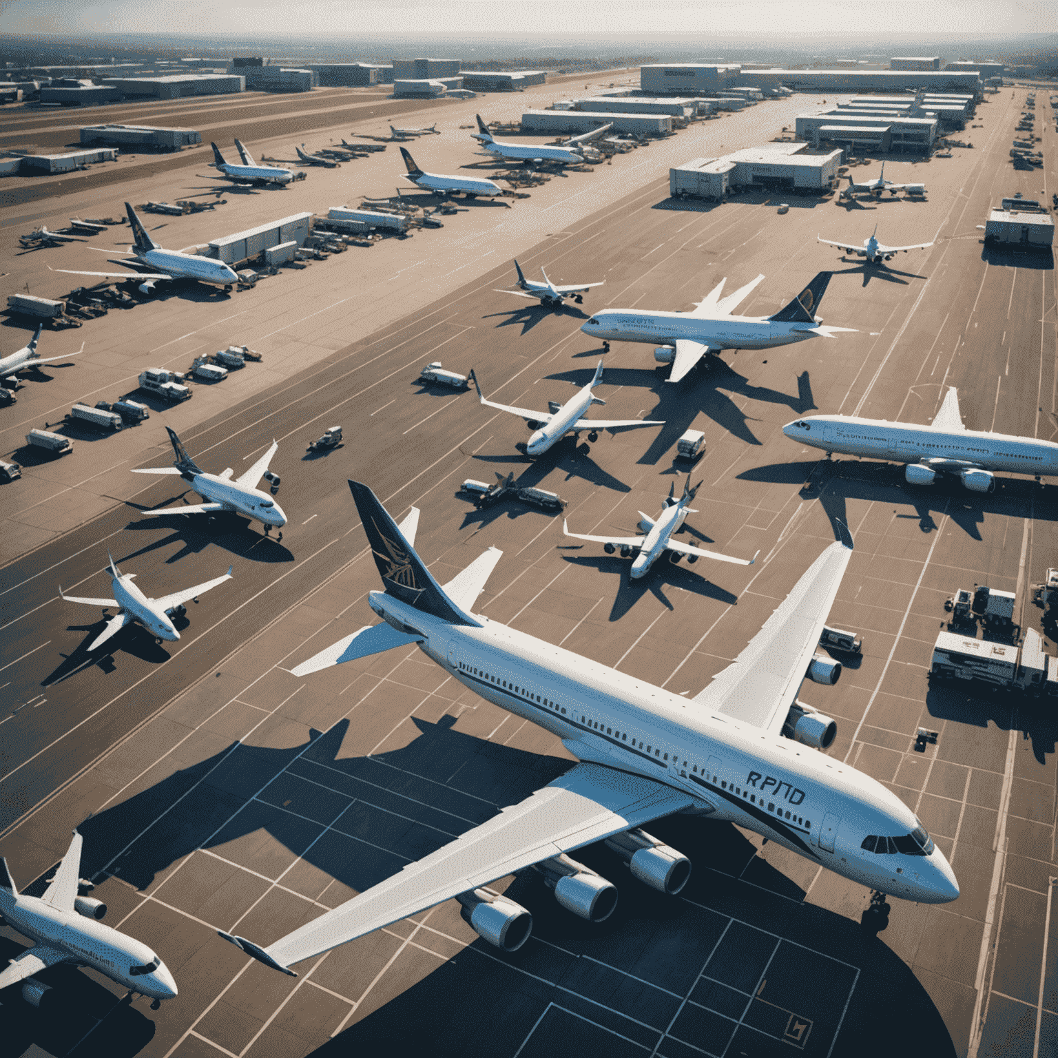 Aircraft in flight over a busy airport, representing comprehensive flight services including scheduled flights, charter options, and cargo transport