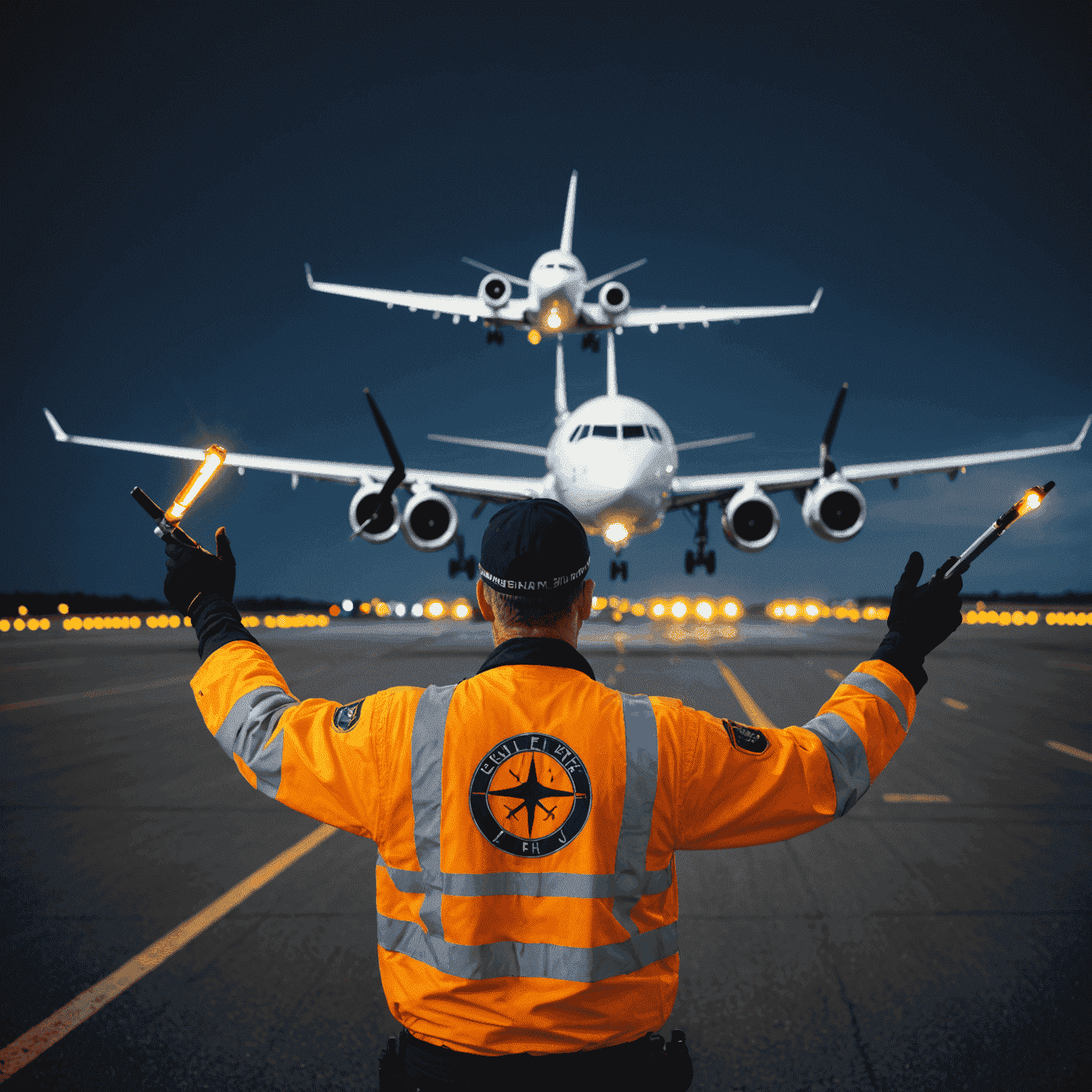 Aircraft marshaller guiding a plane on the tarmac with illuminated wands