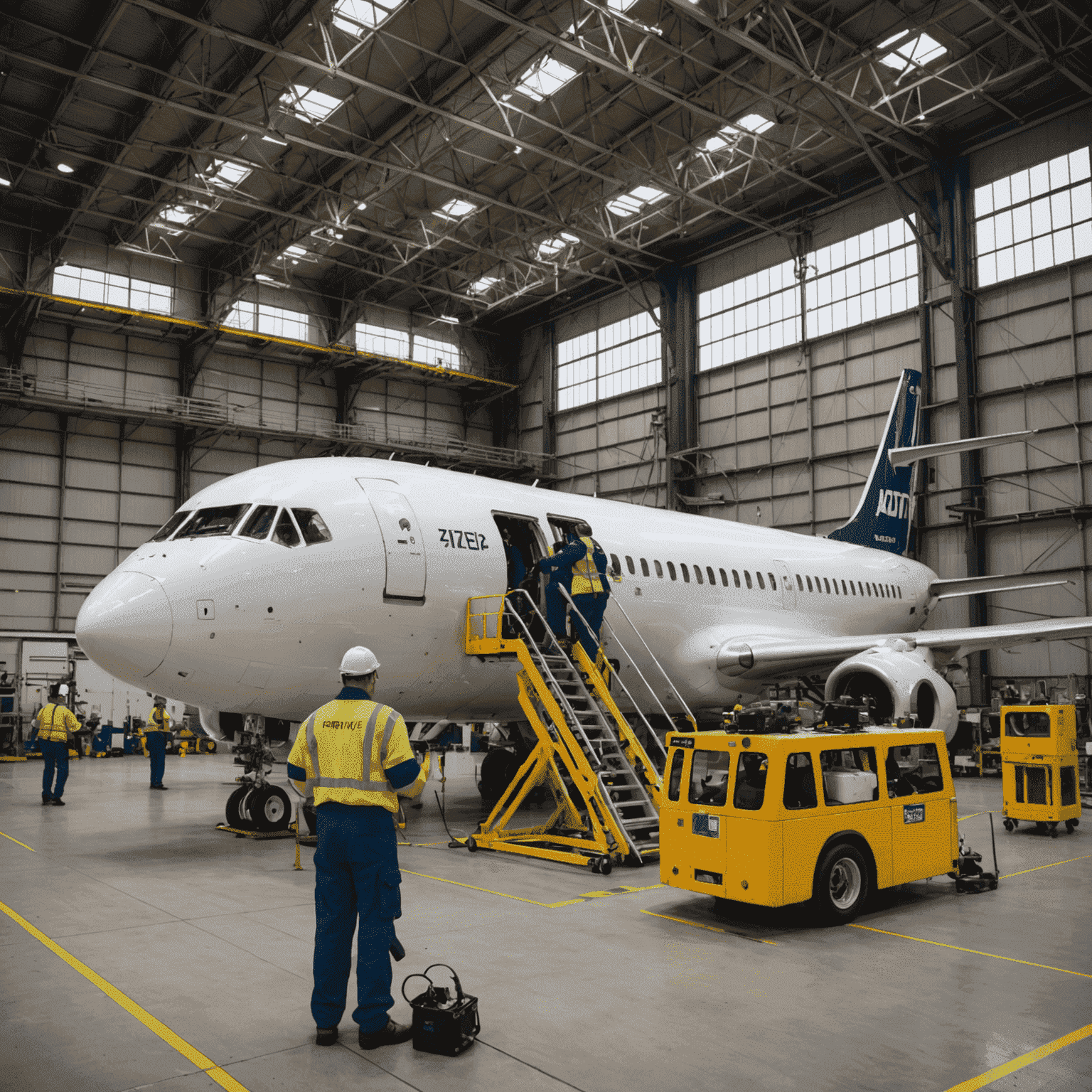 Aircraft technicians performing maintenance on a commercial airliner in a large hangar. Various tools and equipment are visible around the aircraft.