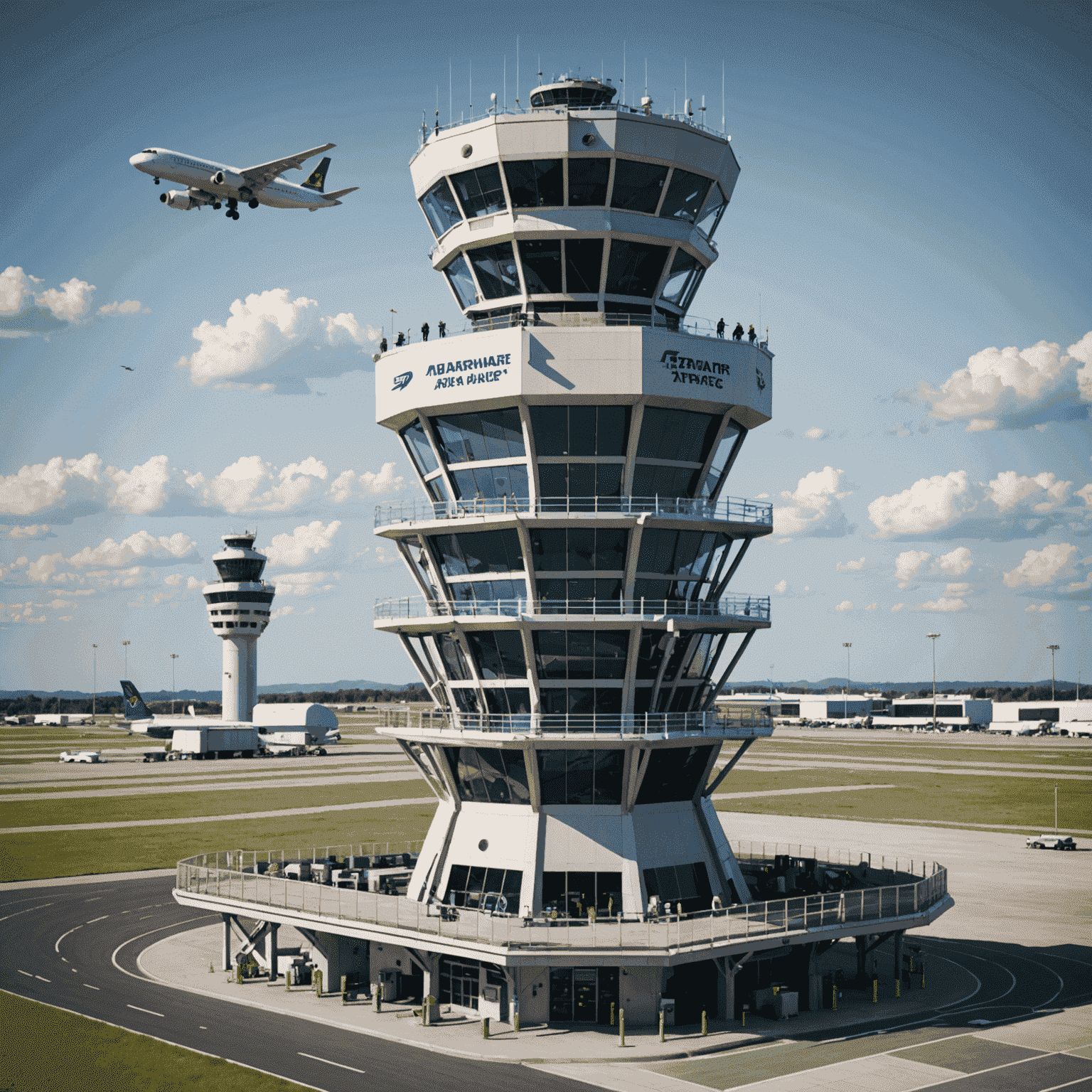 A modern air traffic control tower with radar equipment and controllers working inside, overseeing a busy airport runway