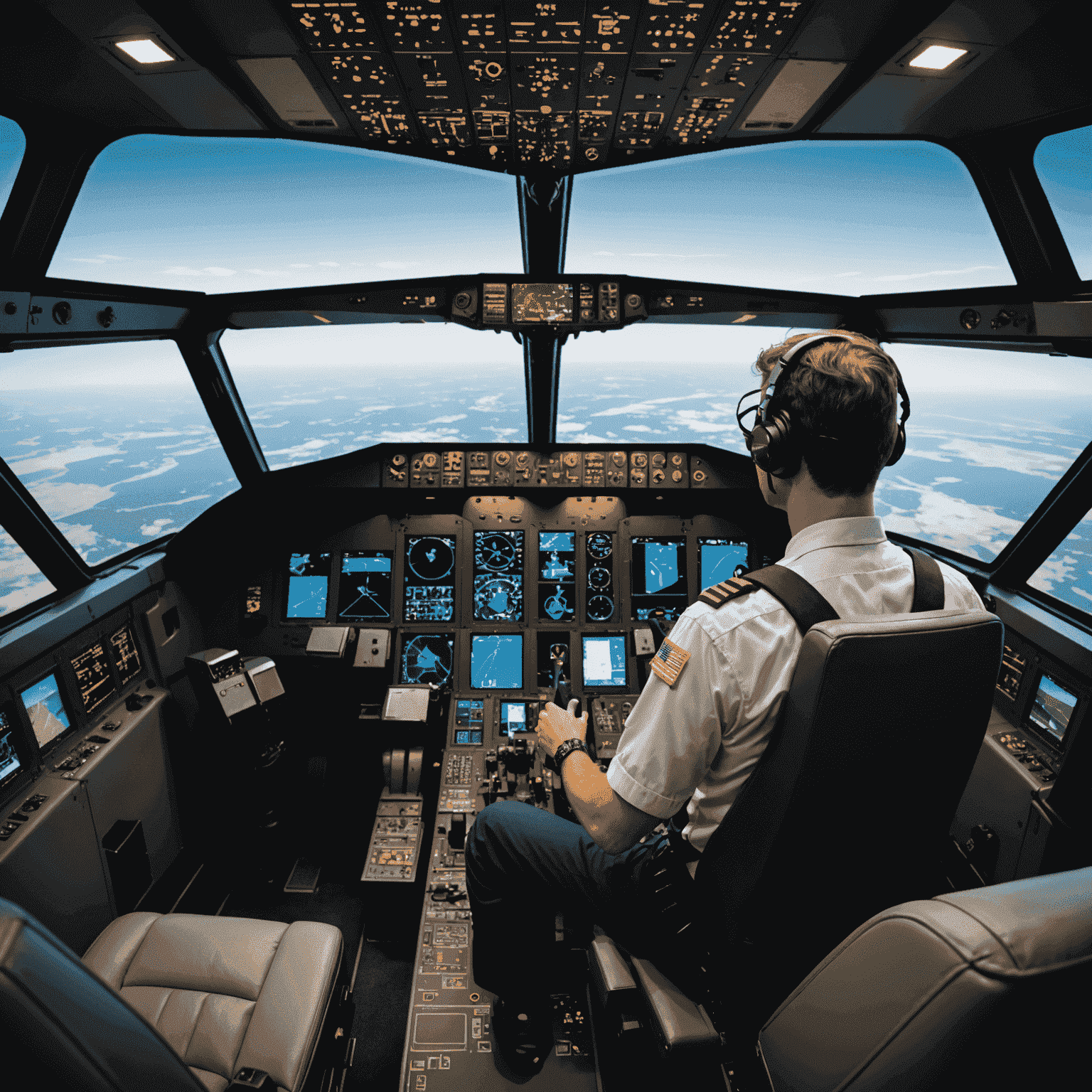 Pilot using a state-of-the-art flight simulator with multiple screens and realistic controls