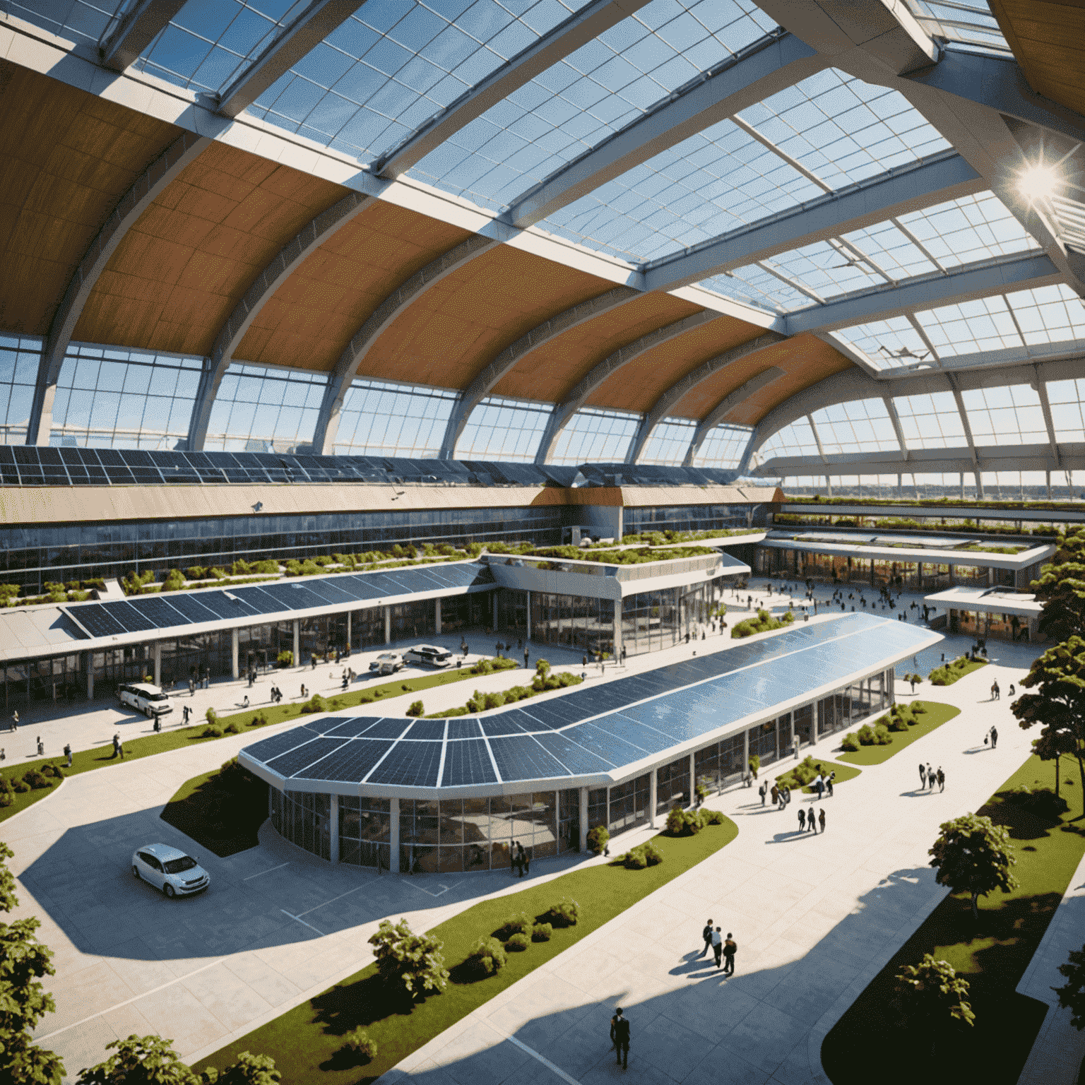 Eco-friendly airport terminal with solar panels, green spaces, and sustainable architecture