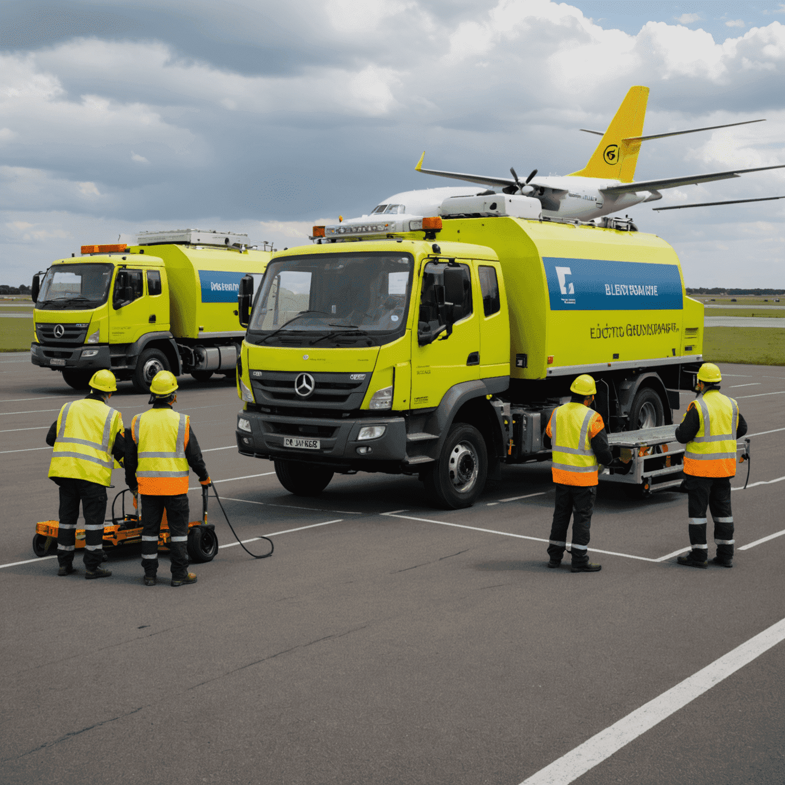 Electric ground support vehicles charging at an aerodrome, with workers in high-visibility vests operating them