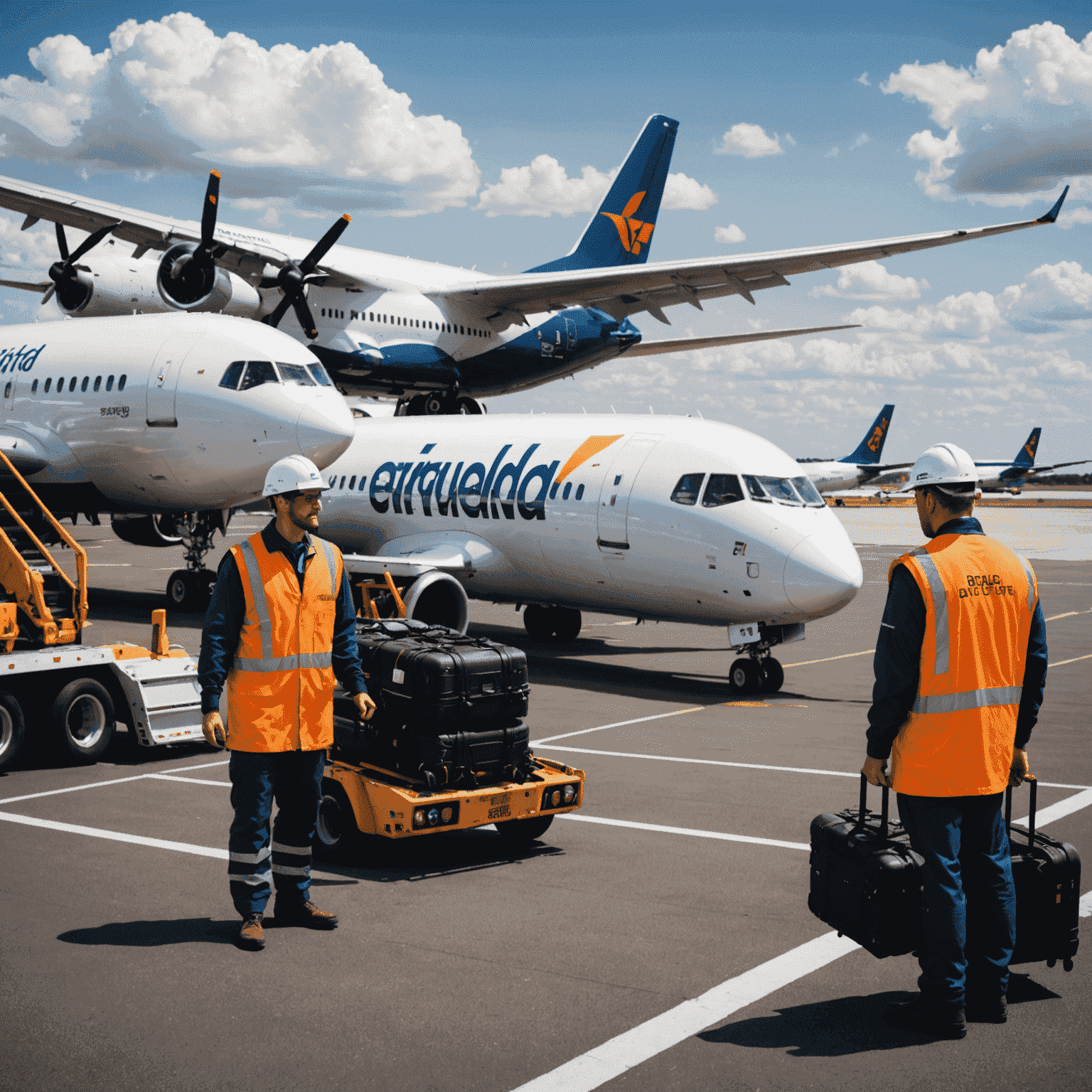 Ground crew marshalling an aircraft, with baggage handlers and refueling trucks in the background, showcasing our comprehensive ground handling services