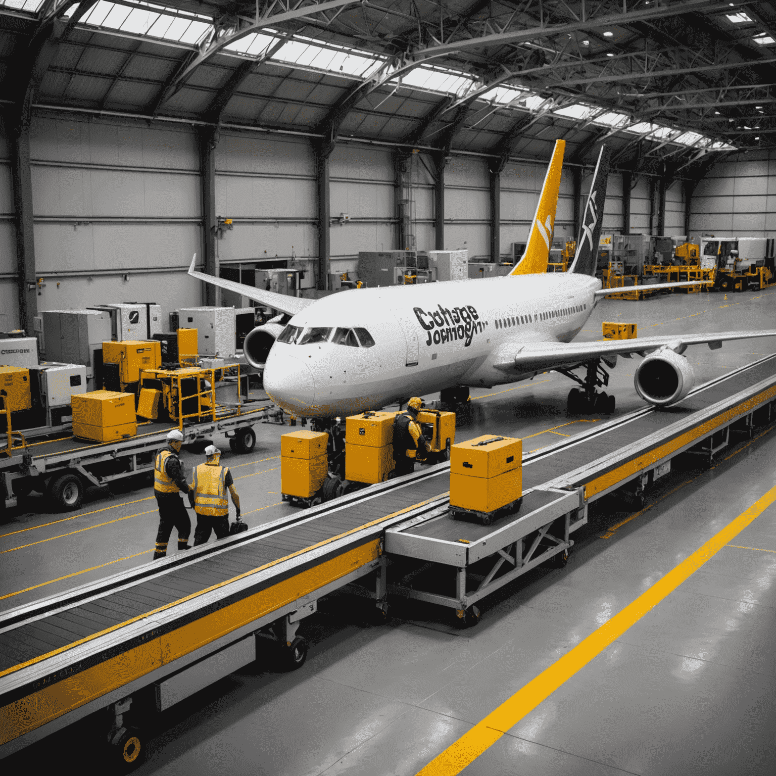 Baggage handlers loading luggage onto an aircraft conveyor belt