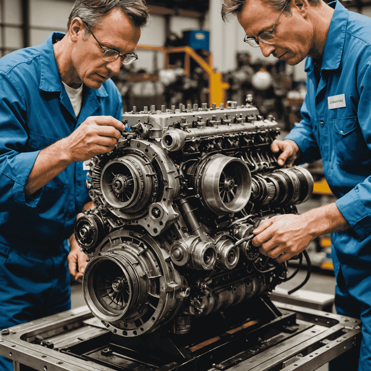 A partially disassembled aircraft engine undergoing a major overhaul. Technicians are working on various components with specialized tools.