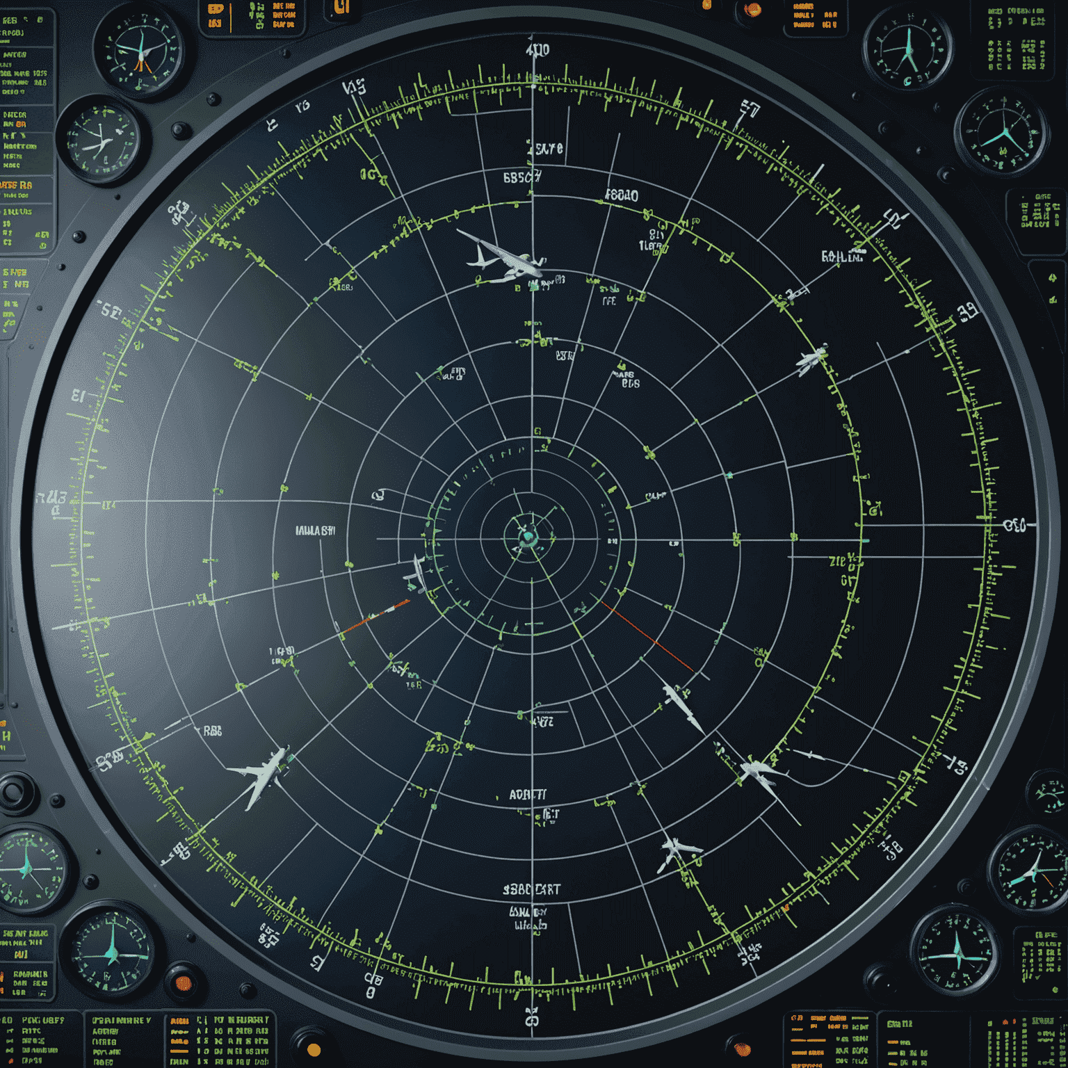 Close-up of an air traffic control radar screen showing multiple aircraft positions and flight paths