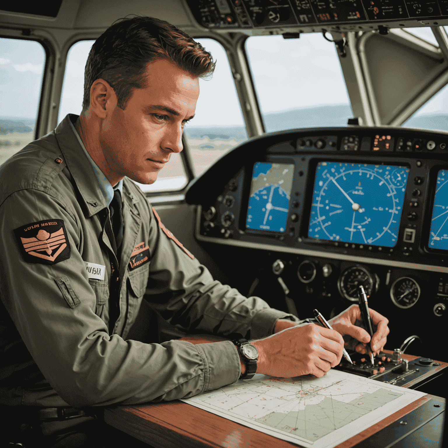 Pilot studying instrument panel and navigation charts in a classroom setting