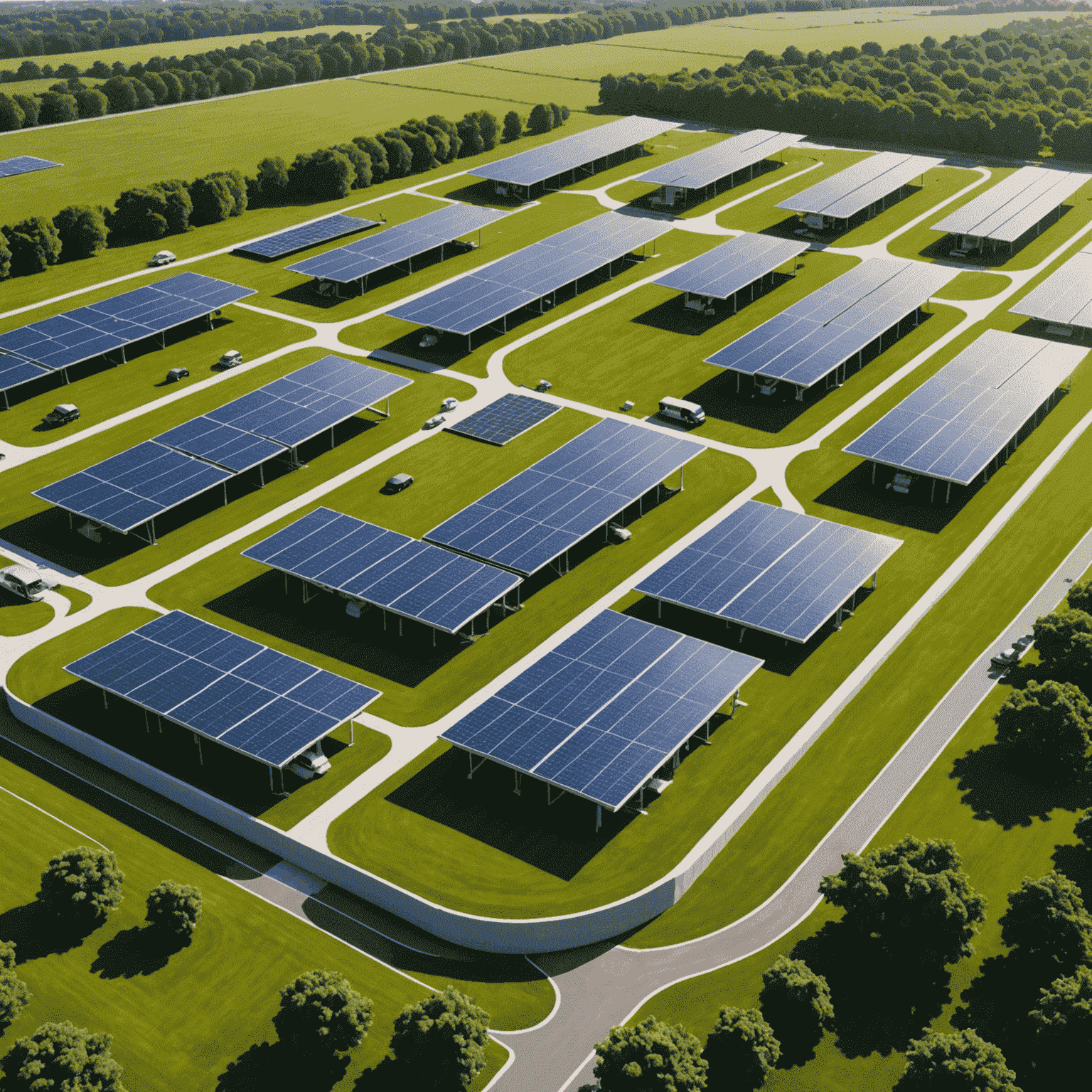 A series of images showing solar panels on aerodrome rooftops, electric ground vehicles, and green spaces around the aerodrome, illustrating environmental initiatives.