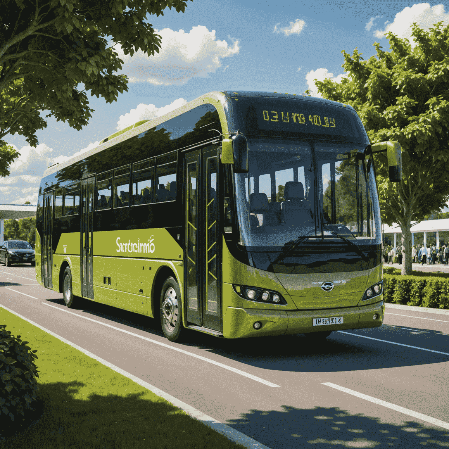 An electric shuttle bus at an aerodrome terminal with passengers boarding, surrounded by green landscaping