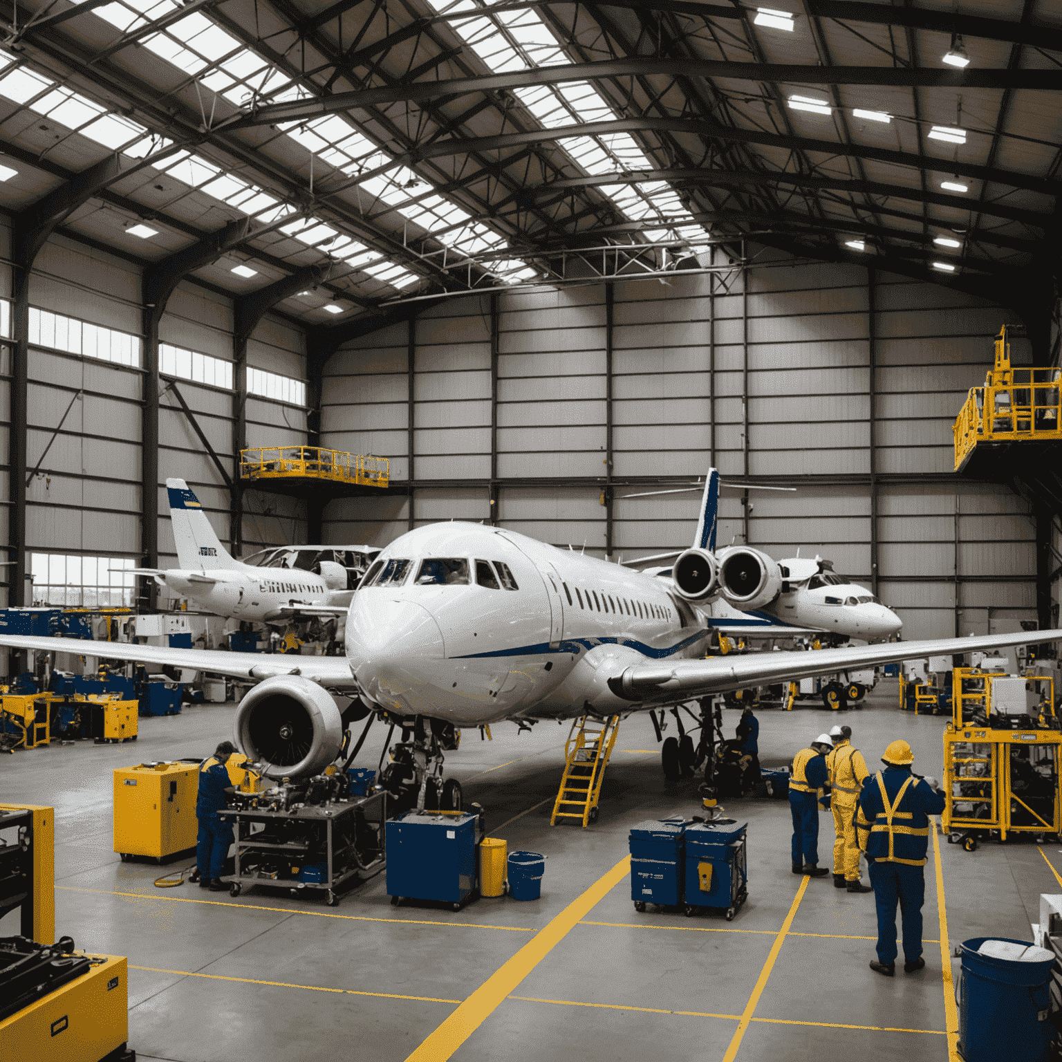 Aircraft maintenance hangar with technicians working on various parts of an airplane, representing our comprehensive maintenance and repair services