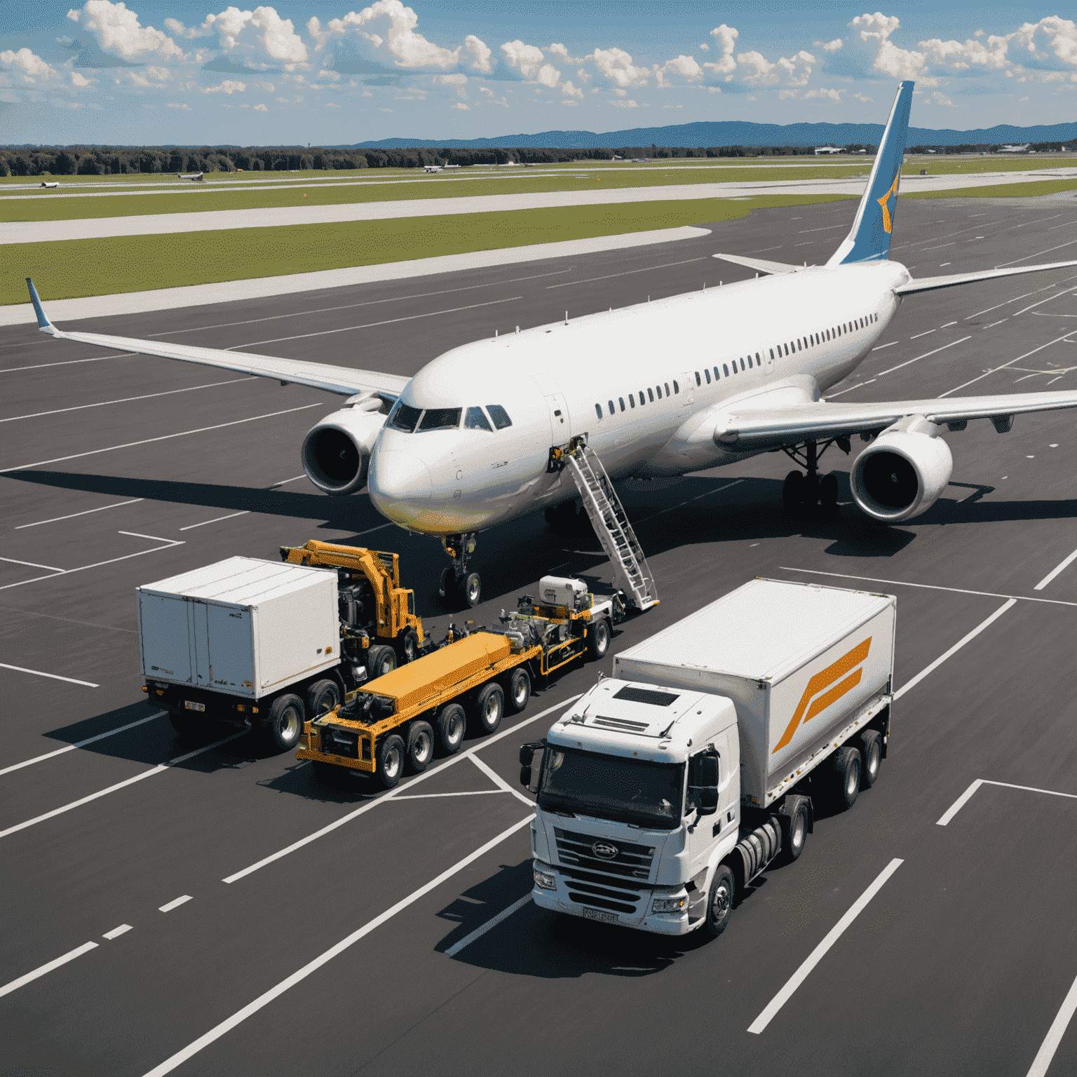 Fuel truck refilling a commercial airplane on the tarmac