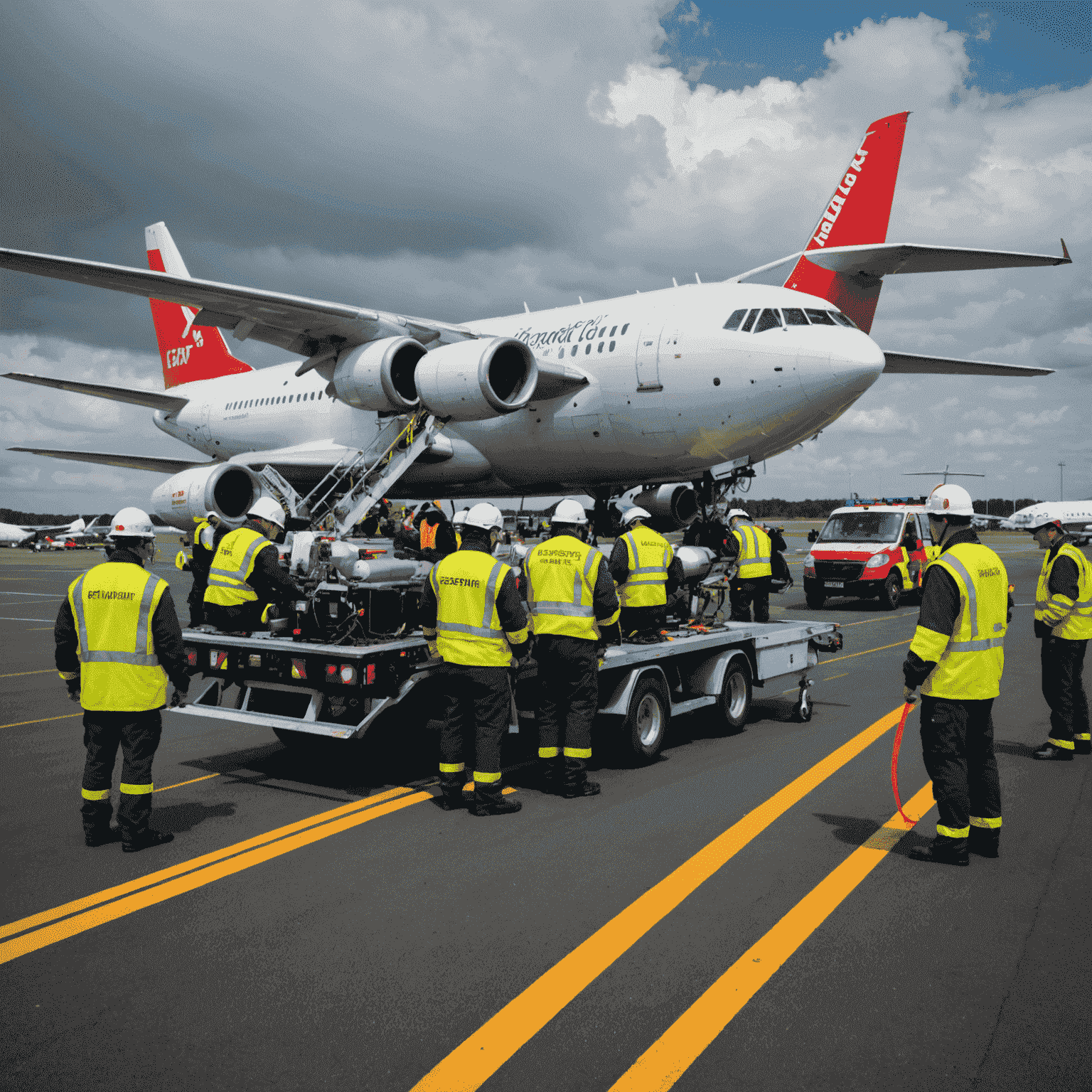 A team of technicians working urgently on an aircraft on the tarmac. Emergency vehicles and equipment are visible in the background.