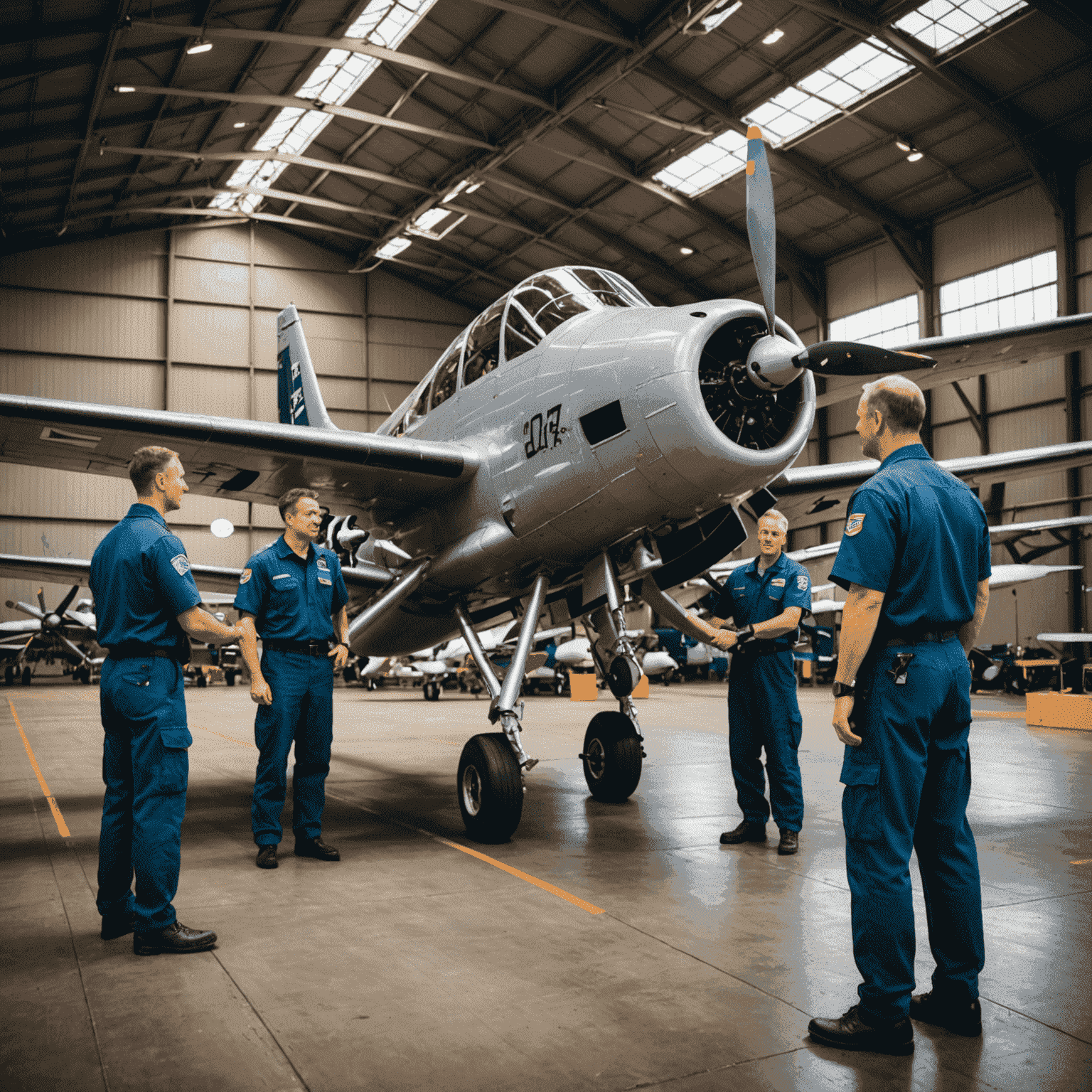 Pilots receiving hands-on training with a specific aircraft type in a hangar