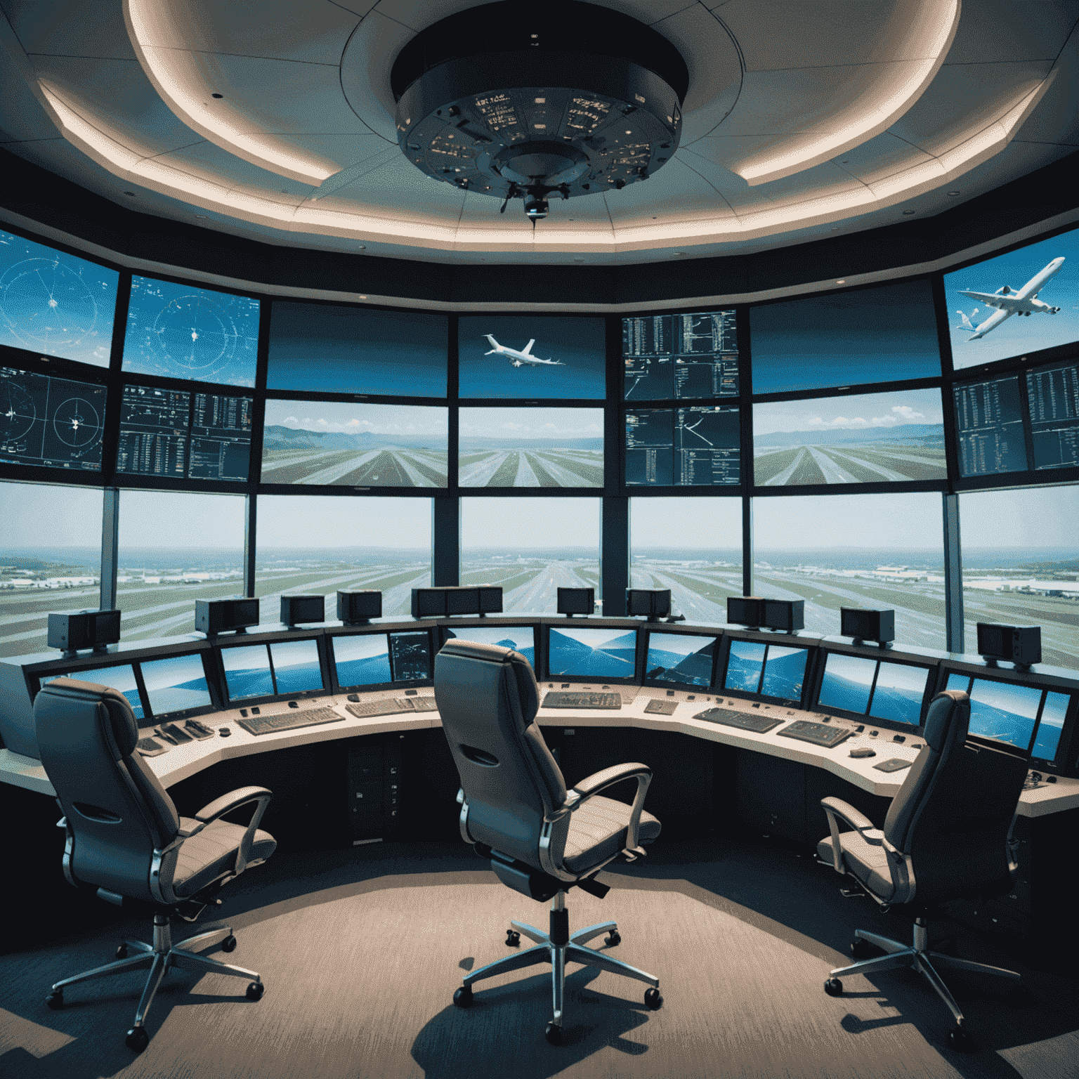 Modern air traffic control tower with controllers monitoring multiple screens, ensuring safe and efficient aircraft movement