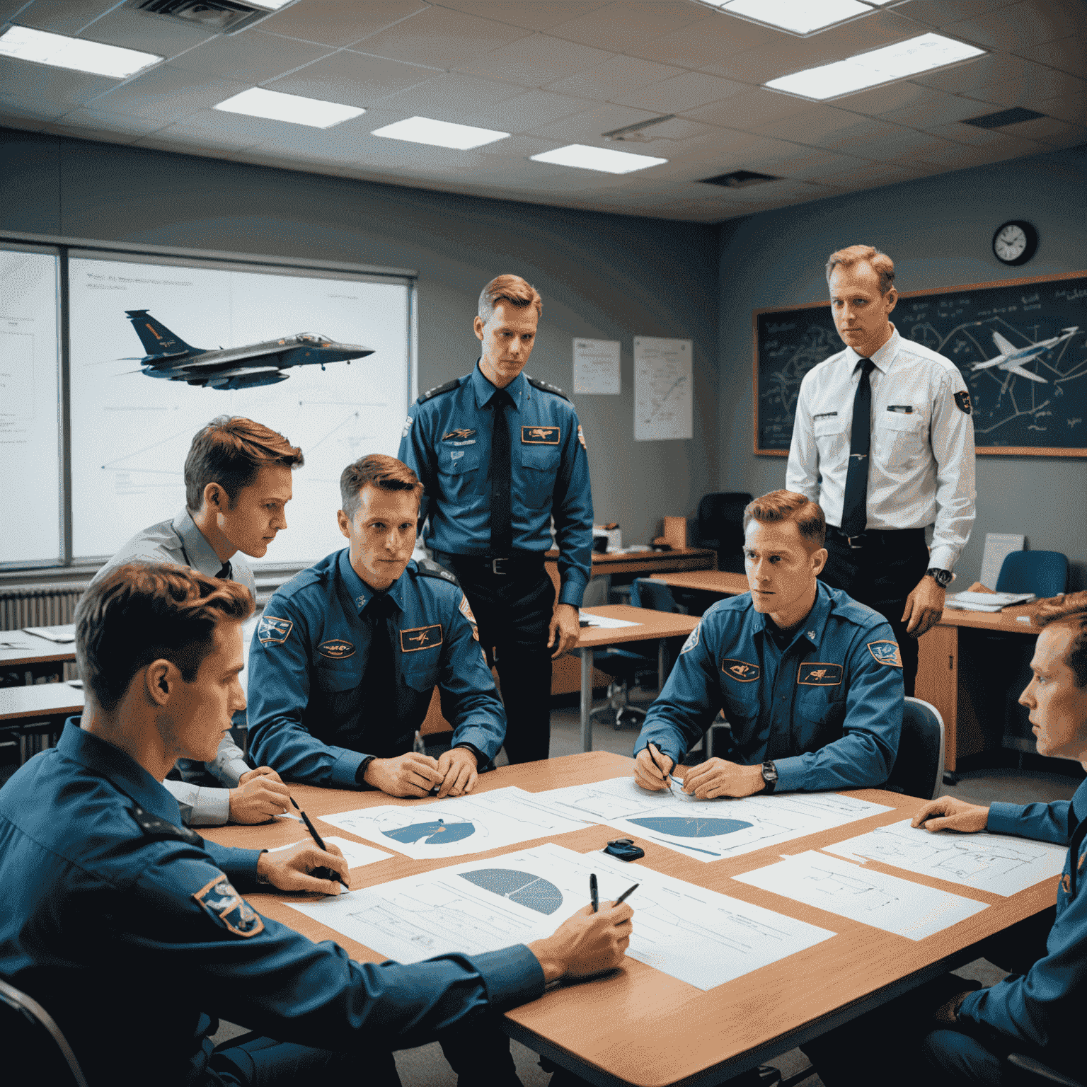 Pilots in a classroom discussing advanced aerodynamics with 3D models and diagrams